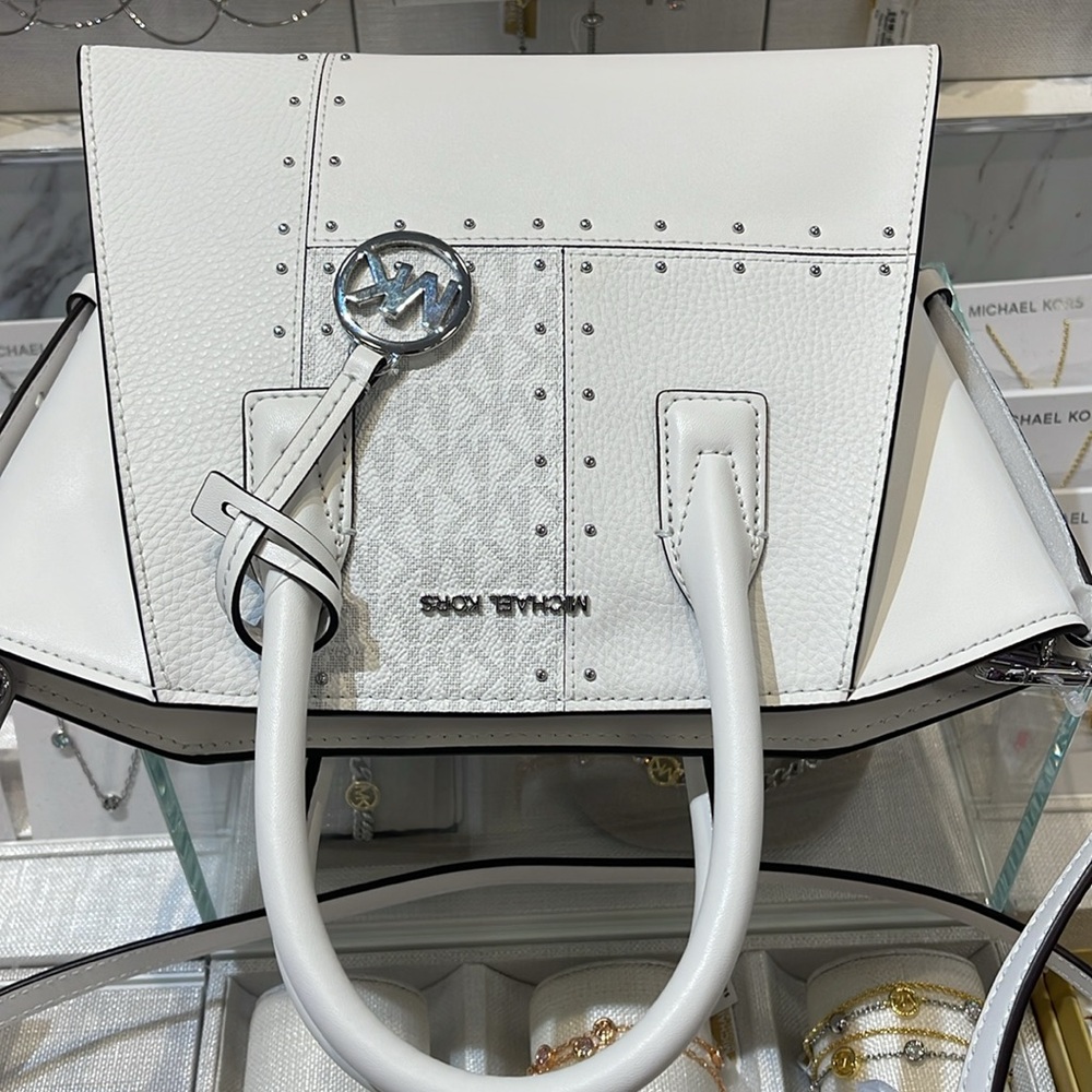 Michael Kors Avril Small Studded Patchwork and Signature Logo Satchel Crossbody - Picture 10 of 16